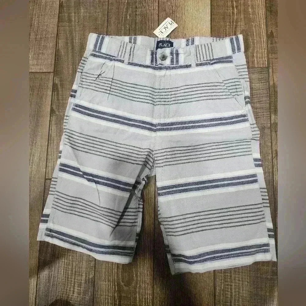 The Children's Place Boys Size 14 Gray Striped Cotton Chino Shorts NWT